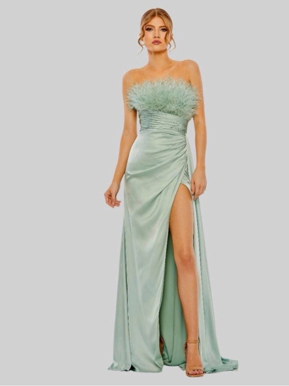 Mac Duggal Mint Strapless Feather-Trim Satin Gown, Size 12